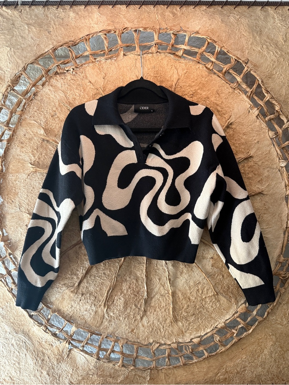 CIDER Abstract Swirl Knit Polo Sweater – XL
